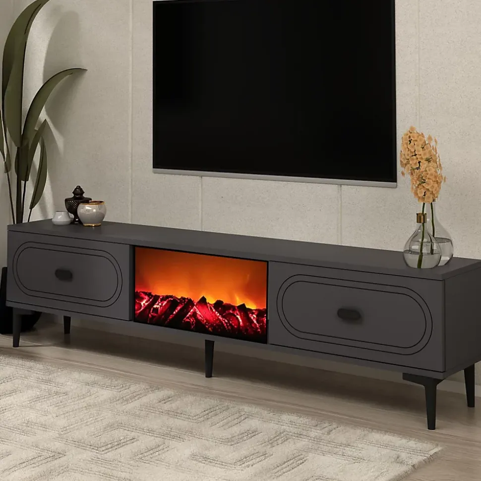 Meuble TV avec cheminée LED 150cm gris anthracite et noir - FYRA