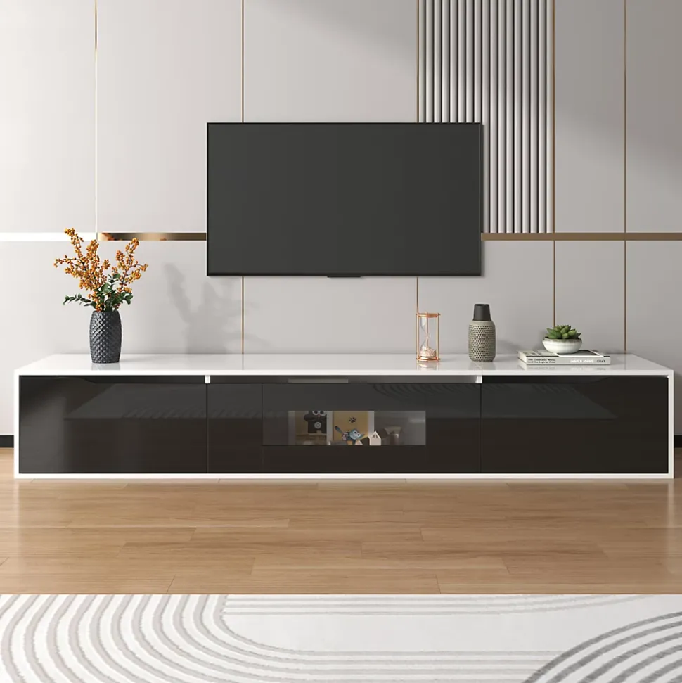 Meuble TV avec Éclairage LED - 3 Compartiments de Rangement - Panneau de Particules (MDF) - 180 x 35 x 30 cm - Noir et Blanc