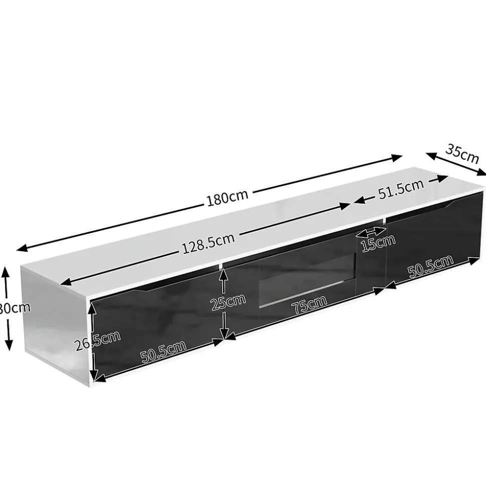 Meuble TV avec Éclairage LED - 3 Compartiments de Rangement - Panneau de Particules (MDF) - 180 x 35 x 30 cm - Noir et Blanc