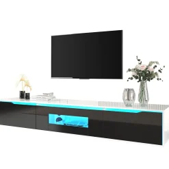 Meuble TV avec Éclairage LED - 3 Compartiments de Rangement - Panneau de Particules (MDF) - 180 x 35 x 30 cm - Noir et Blanc