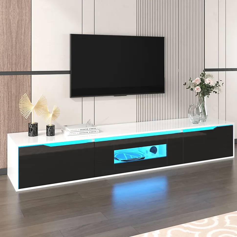 Meuble TV avec Éclairage LED - 3 Compartiments de Rangement - Panneau de Particules (MDF) - 180 x 35 x 30 cm - Noir et Blanc