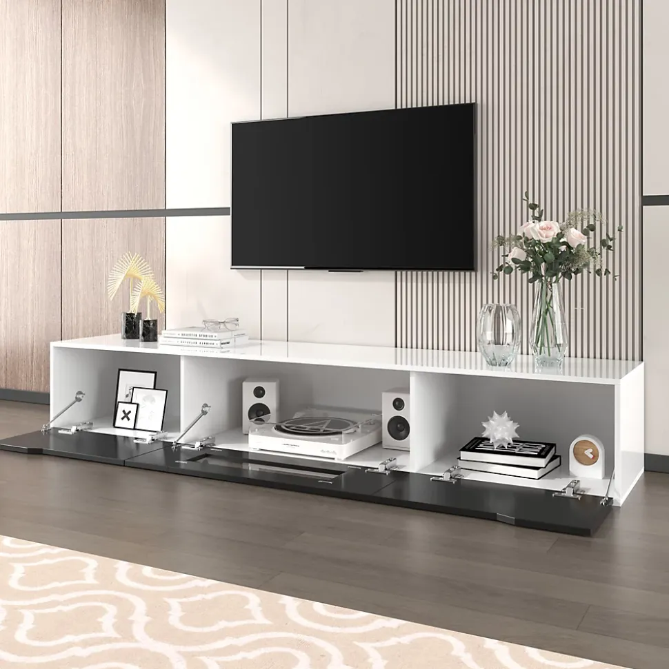 Meuble TV avec Éclairage LED - 3 Compartiments de Rangement - Panneau de Particules (MDF) - 180 x 35 x 30 cm - Noir et Blanc