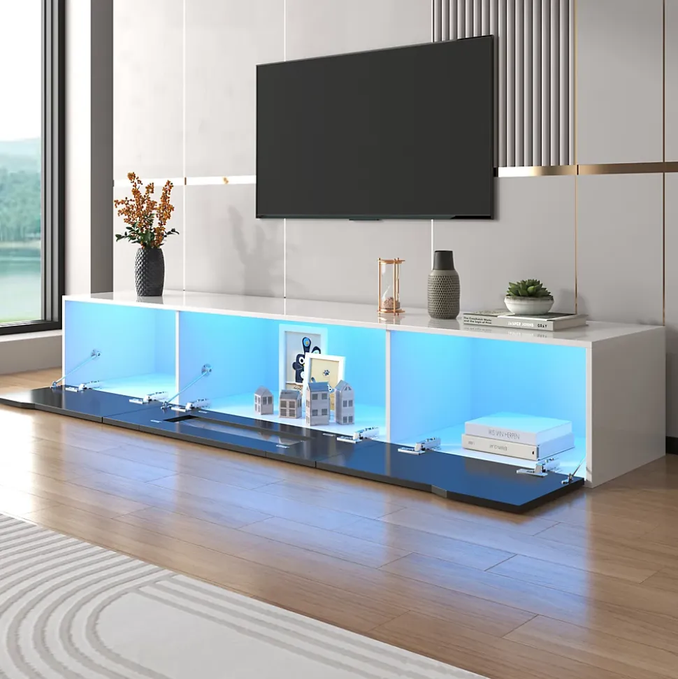 Meuble TV avec Éclairage LED - 3 Compartiments de Rangement - Panneau de Particules (MDF) - 180 x 35 x 30 cm - Noir et Blanc