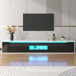 Meuble TV avec Éclairage LED - 3 Compartiments de Rangement - Panneau de Particules (MDF) - 180 x 35 x 30 cm - Noir et Blanc