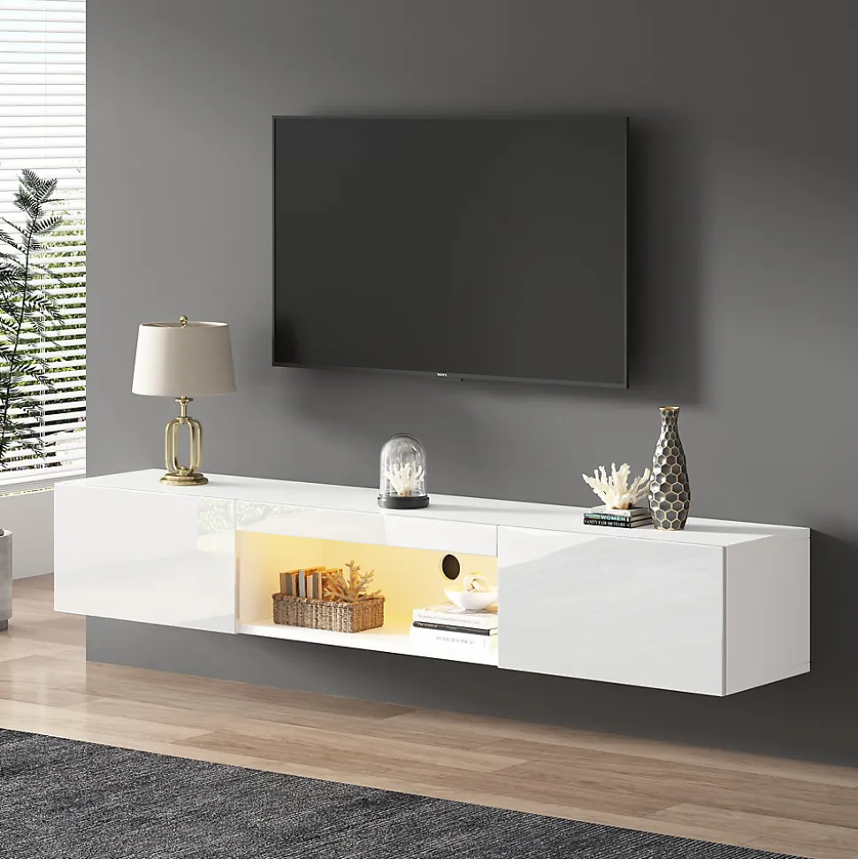 Meuble TV avec Éclairage LED et Commande Bluetooth App - Façade Haut Brillant - Panneau de Particules - 160 x 31 x 22 cm - Blanc