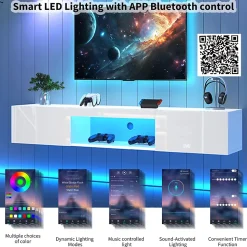 Meuble TV avec Éclairage LED et Commande Bluetooth App - Façade Haut Brillant - Panneau de Particules - 160 x 31 x 22 cm - Blanc