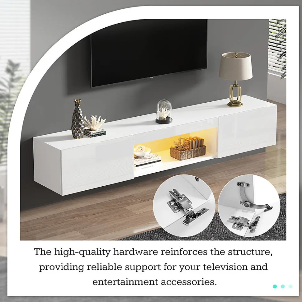 Meuble TV avec Éclairage LED et Commande Bluetooth App - Façade Haut Brillant - Panneau de Particules - 160 x 31 x 22 cm - Blanc