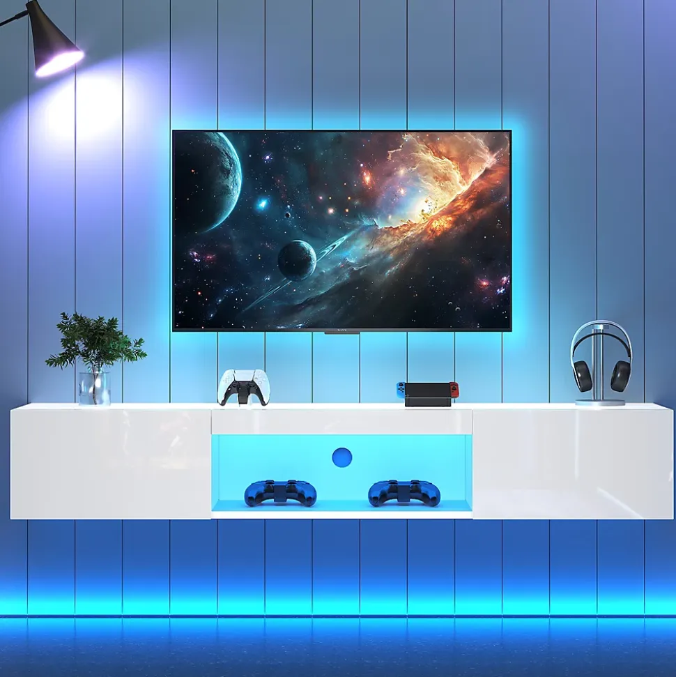 Meuble TV avec Éclairage LED et Commande Bluetooth App - Façade Haut Brillant - Panneau de Particules - 160 x 31 x 22 cm - Blanc
