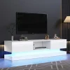 Meuble TV avec LED et 2 Tiroirs - Façades Brillantes - Panneau de Particules - 160 x 35 x 40,5 cm - Blanc
