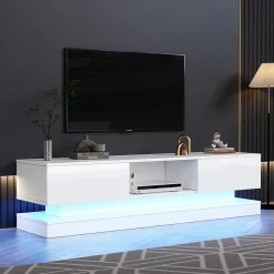 Meuble TV avec LED et 2 Tiroirs - Façades Brillantes - Panneau de Particules - 160 x 35 x 40,5 cm - Blanc