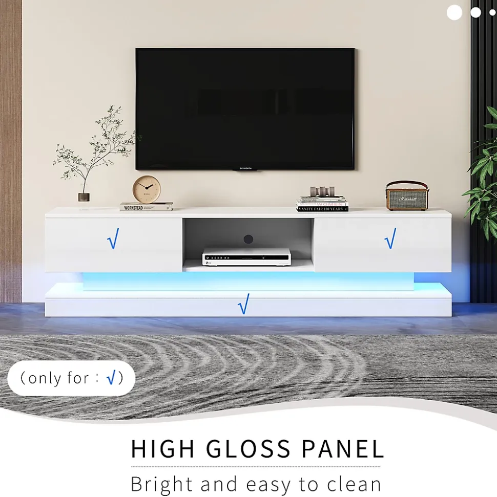 Meuble TV avec LED et 2 Tiroirs - Façades Brillantes - Panneau de Particules - 160 x 35 x 40,5 cm - Blanc