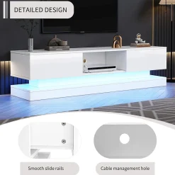 Meuble TV avec LED et 2 Tiroirs - Façades Brillantes - Panneau de Particules - 160 x 35 x 40,5 cm - Blanc