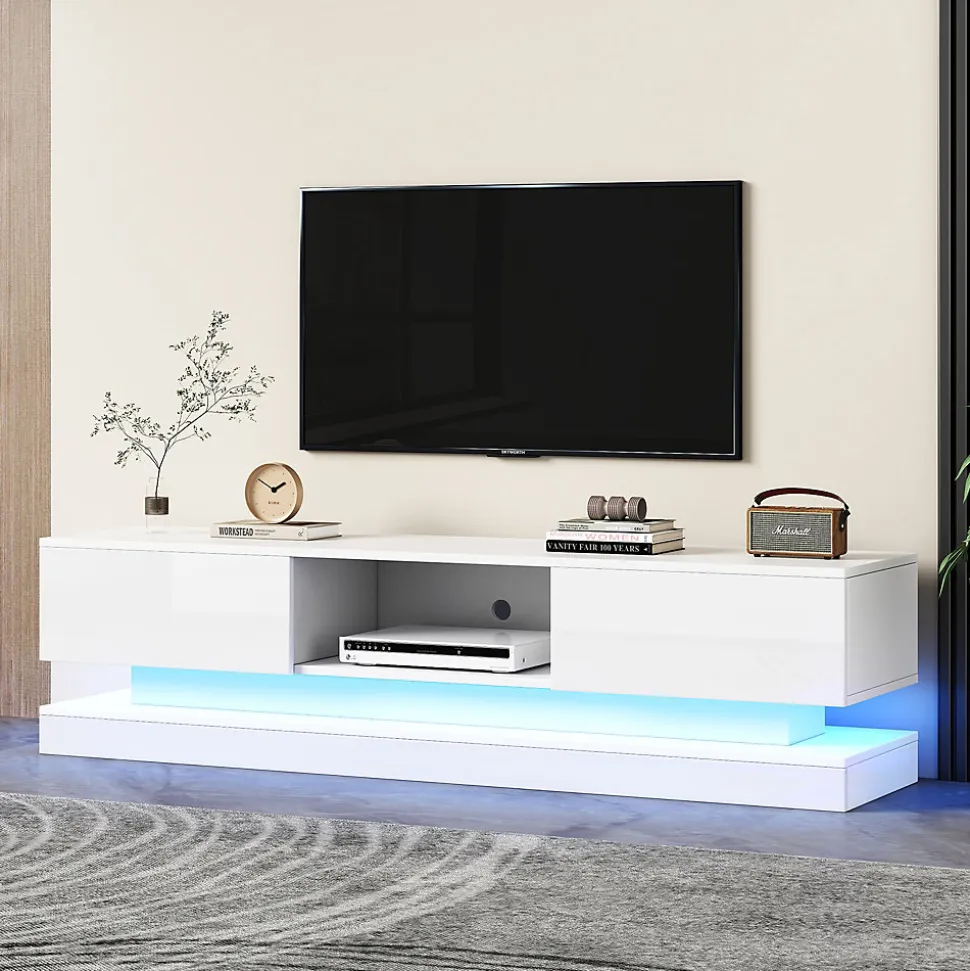 Meuble TV avec LED et 2 Tiroirs - Façades Brillantes - Panneau de Particules - 160 x 35 x 40,5 cm - Blanc