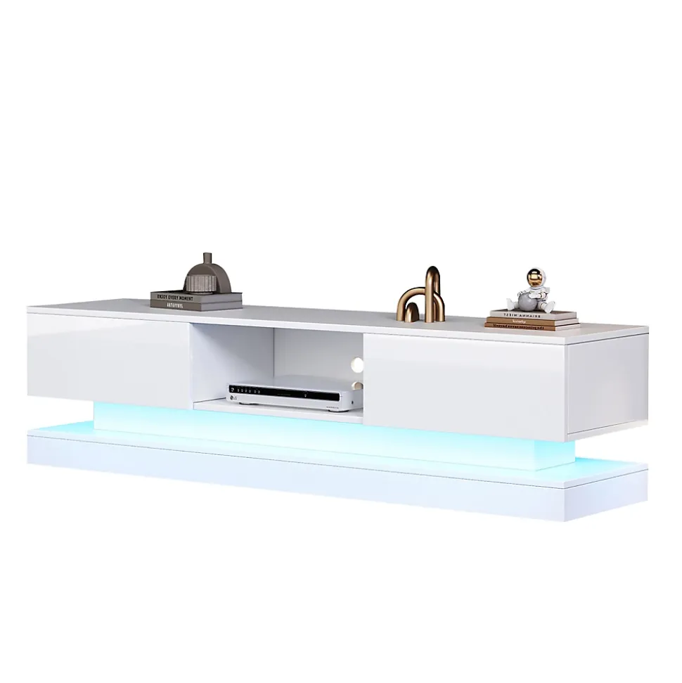 Meuble TV avec LED et 2 Tiroirs - Façades Brillantes - Panneau de Particules - 160 x 35 x 40,5 cm - Blanc