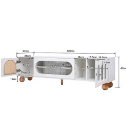 Meuble TV avec Porte en Rotin et Porte Coulissante en Verre - Panneau de Particules - 170 x 47 x 37 cm - Blanc et Bois