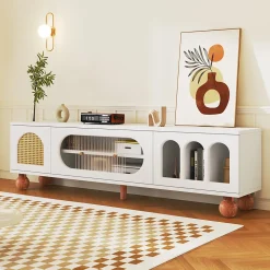 Meuble TV avec Porte en Rotin et Porte Coulissante en Verre - Panneau de Particules - 170 x 47 x 37 cm - Blanc et Bois