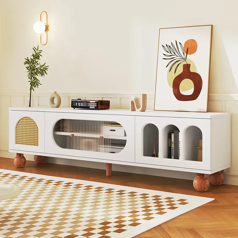 Meuble TV avec Porte en Rotin et Porte Coulissante en Verre - Panneau de Particules - 170 x 47 x 37 cm - Blanc et Bois