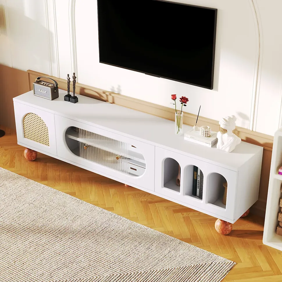 Meuble TV avec Porte en Rotin et Porte Coulissante en Verre - Panneau de Particules - 170 x 47 x 37 cm - Blanc et Bois