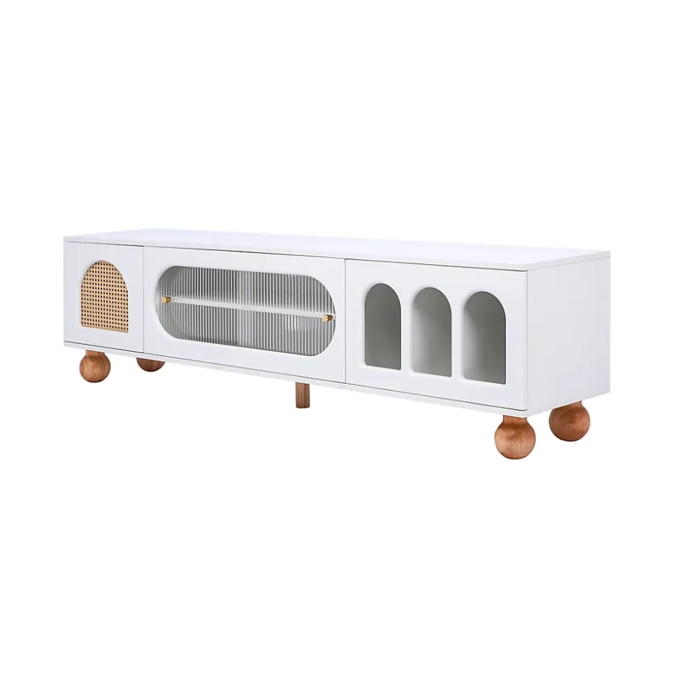 Meuble TV avec Porte en Rotin et Porte Coulissante en Verre - Panneau de Particules - 170 x 47 x 37 cm - Blanc et Bois