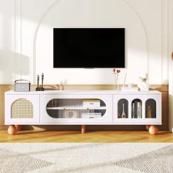 Meuble TV avec Porte en Rotin et Porte Coulissante en Verre - Panneau de Particules - 170 x 47 x 37 cm - Blanc et Bois