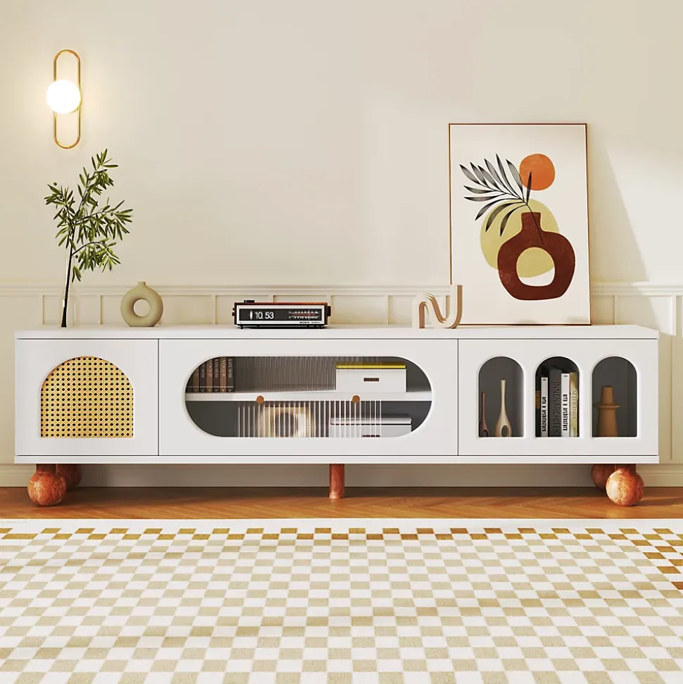 Meuble TV avec Porte en Rotin et Porte Coulissante en Verre - Panneau de Particules - 170 x 47 x 37 cm - Blanc et Bois
