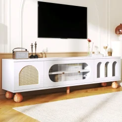 Meuble TV avec Porte en Rotin et Porte Coulissante en Verre - Panneau de Particules - 170 x 47 x 37 cm - Blanc et Bois