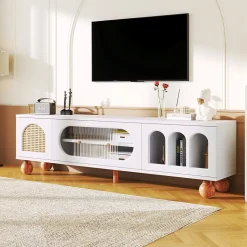 Meuble TV avec Porte en Rotin et Porte Coulissante en Verre - Panneau de Particules - 170 x 47 x 37 cm - Blanc et Bois