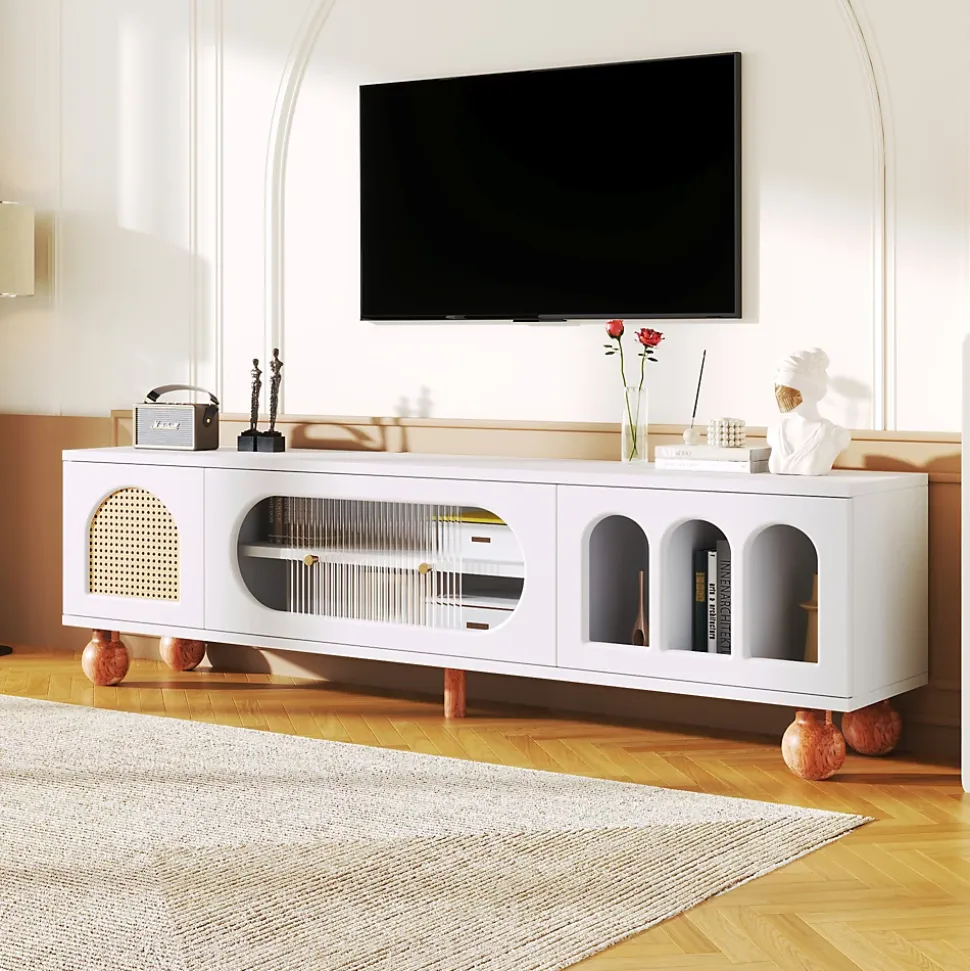 Meuble TV avec Porte en Rotin et Porte Coulissante en Verre - Panneau de Particules - 170 x 47 x 37 cm - Blanc et Bois