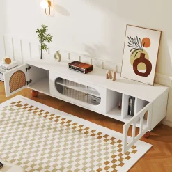 Meuble TV avec Porte en Rotin et Porte Coulissante en Verre - Panneau de Particules - 170 x 47 x 37 cm - Blanc et Bois