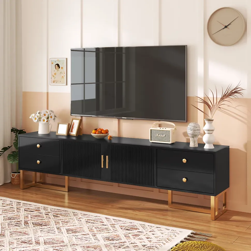 Meuble TV Avec Portes Texturées, Meuble TV Avec Tiroirs, Poignées Et Pieds Dorés, Noir