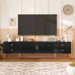 Meuble TV Avec Portes Texturées, Meuble TV Avec Tiroirs, Poignées Et Pieds Dorés, Noir