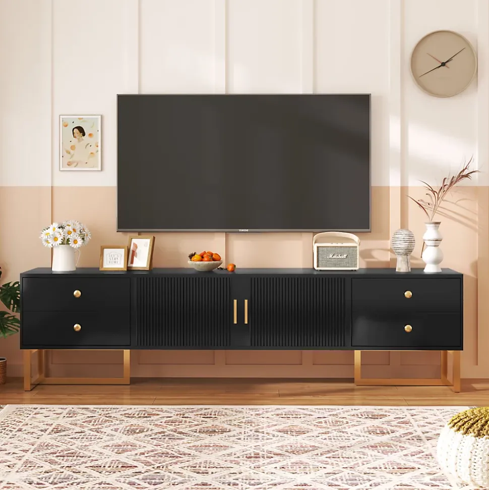 Meuble TV Avec Portes Texturées, Meuble TV Avec Tiroirs, Poignées Et Pieds Dorés, Noir