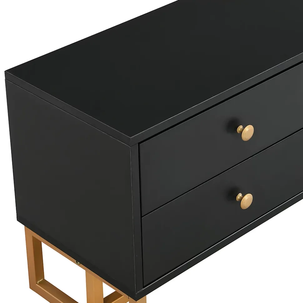 Meuble TV Avec Portes Texturées, Meuble TV Avec Tiroirs, Poignées Et Pieds Dorés, Noir