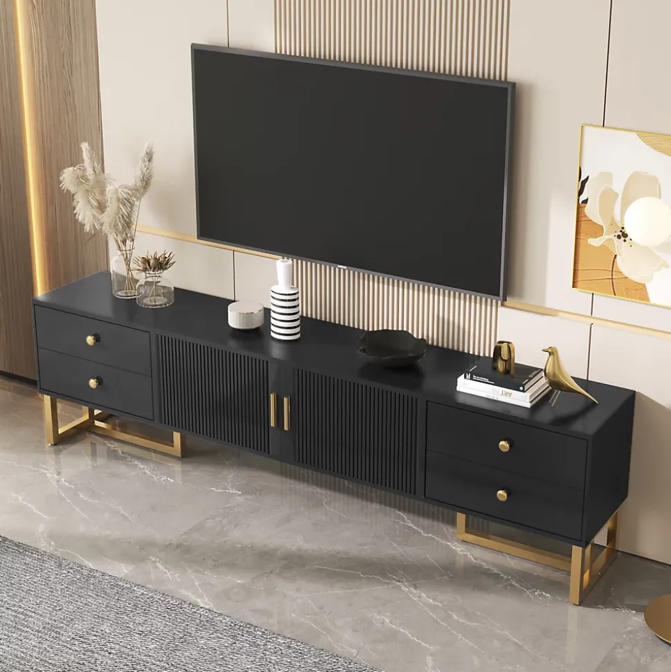 Meuble TV Avec Portes Texturées, Meuble TV Avec Tiroirs, Poignées Et Pieds Dorés, Noir