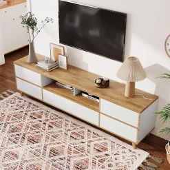 Meuble TV avec Rangements - Style Maison de Campagne pour Salon Moderne et Rustique, Bois Clair et Blanc, 175x37x51 cm