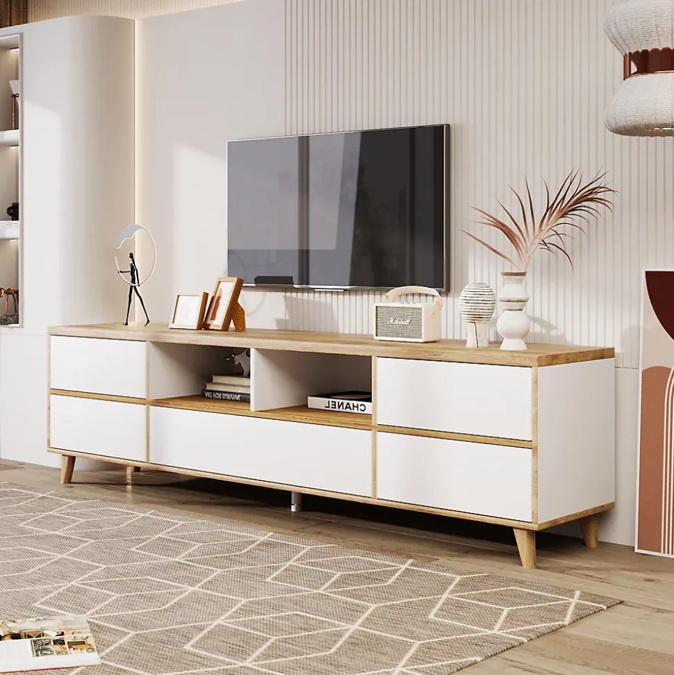 Meuble TV avec Rangements - Style Maison de Campagne pour Salon Moderne et Rustique, Bois Clair et Blanc, 175x37x51 cm