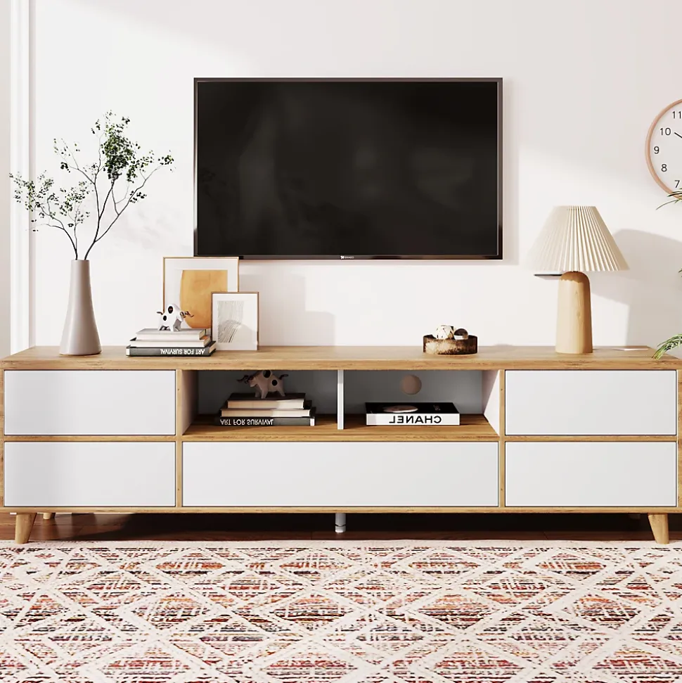 Meuble TV avec Rangements - Style Maison de Campagne pour Salon Moderne et Rustique, Bois Clair et Blanc, 175x37x51 cm