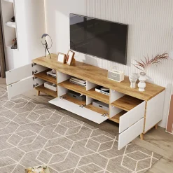 Meuble TV avec Rangements - Style Maison de Campagne pour Salon Moderne et Rustique, Bois Clair et Blanc, 175x37x51 cm