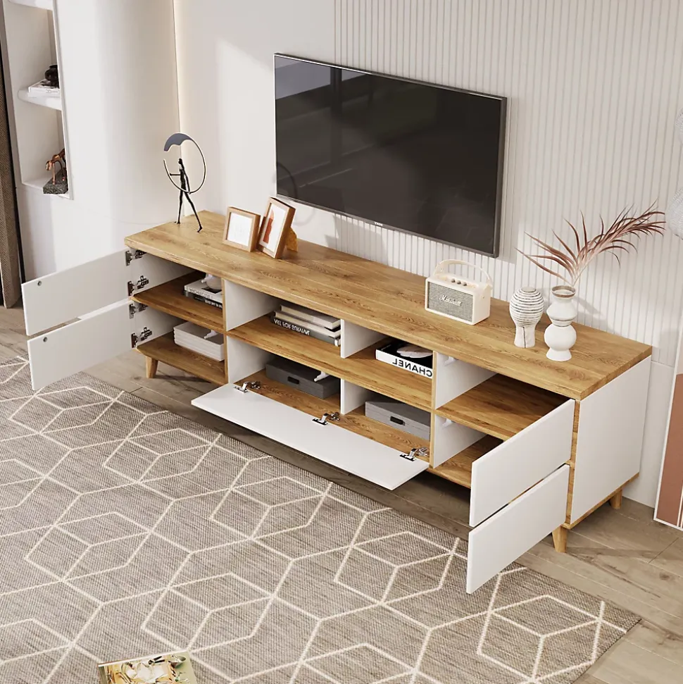 Meuble TV avec Rangements - Style Maison de Campagne pour Salon Moderne et Rustique, Bois Clair et Blanc, 175x37x51 cm