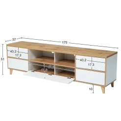 Meuble TV avec Rangements - Style Maison de Campagne pour Salon Moderne et Rustique, Bois Clair et Blanc, 175x37x51 cm