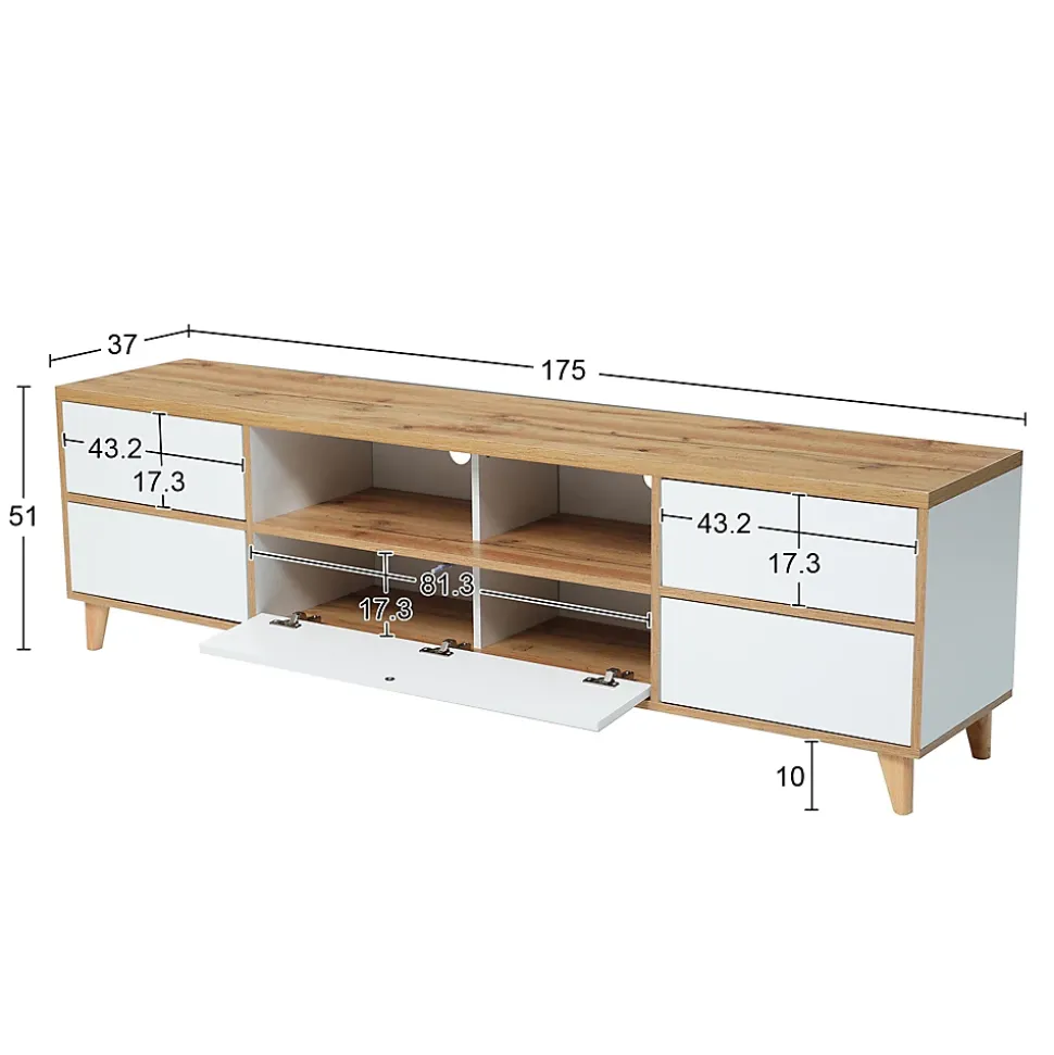 Meuble TV avec Rangements - Style Maison de Campagne pour Salon Moderne et Rustique, Bois Clair et Blanc, 175x37x51 cm