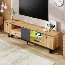 Meuble TV avec Séparation en Verre et Éclairage LED - design Bicolore Bois et Gris Anthracite, Contemporain, 190x40x50 cm