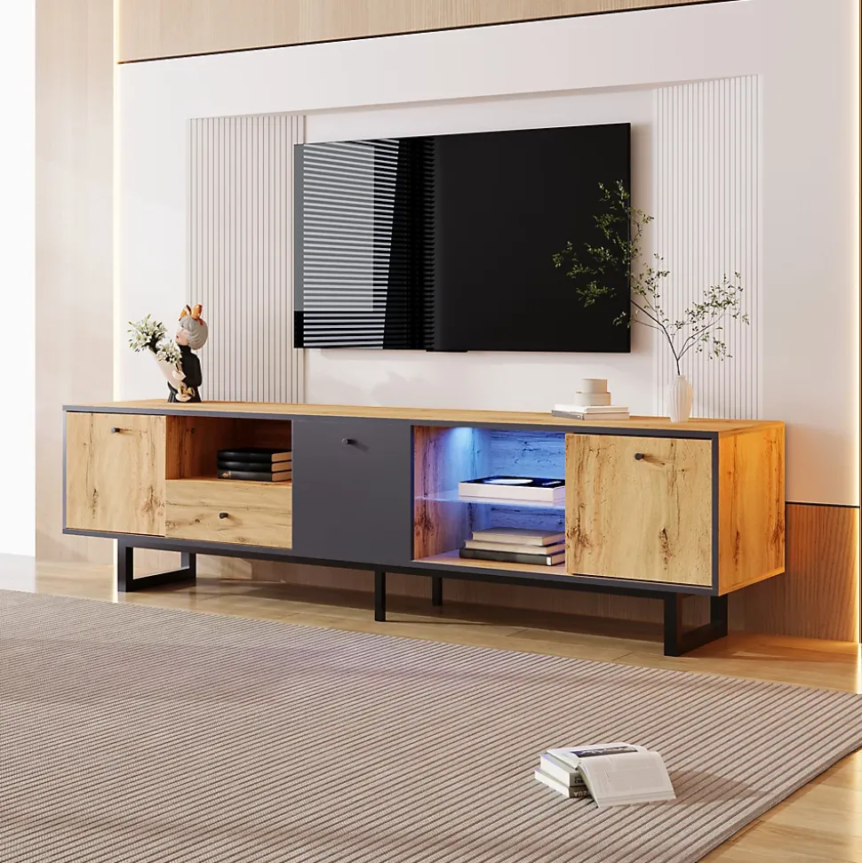 Meuble TV avec Séparation en Verre et Éclairage LED - design Bicolore Bois et Gris Anthracite, Contemporain, 190x40x50 cm