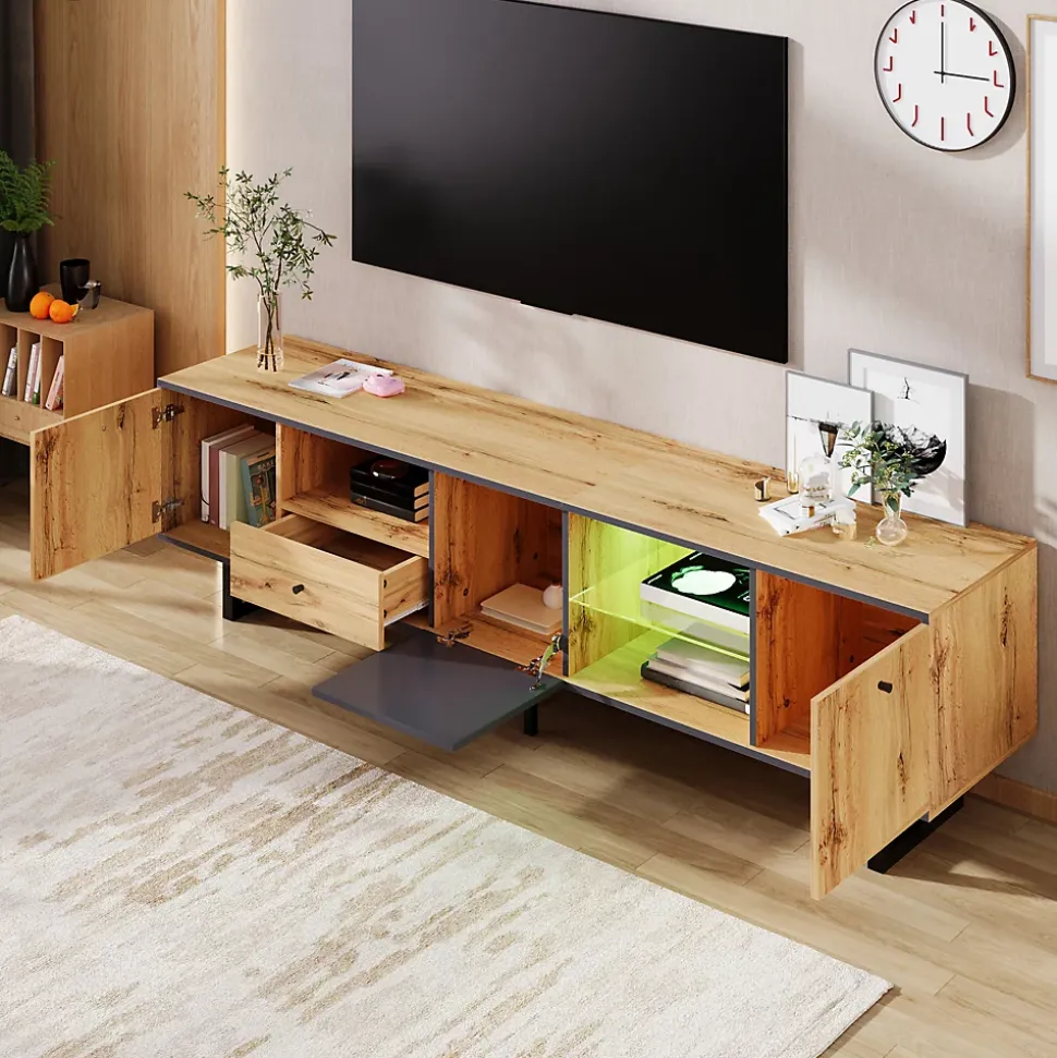 Meuble TV avec Séparation en Verre et Éclairage LED - design Bicolore Bois et Gris Anthracite, Contemporain, 190x40x50 cm