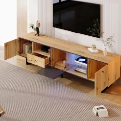 Meuble TV avec Séparation en Verre et Éclairage LED - design Bicolore Bois et Gris Anthracite, Contemporain, 190x40x50 cm