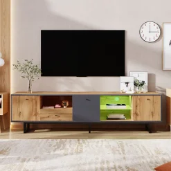 Meuble TV avec Séparation en Verre et Éclairage LED - design Bicolore Bois et Gris Anthracite, Contemporain, 190x40x50 cm
