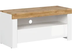 Meuble TV avec tiroir et étagère,coloris Blanc/Chêne wotan - Longueur 106 x Profondeur 42 x Hauteur 50,5 cm
