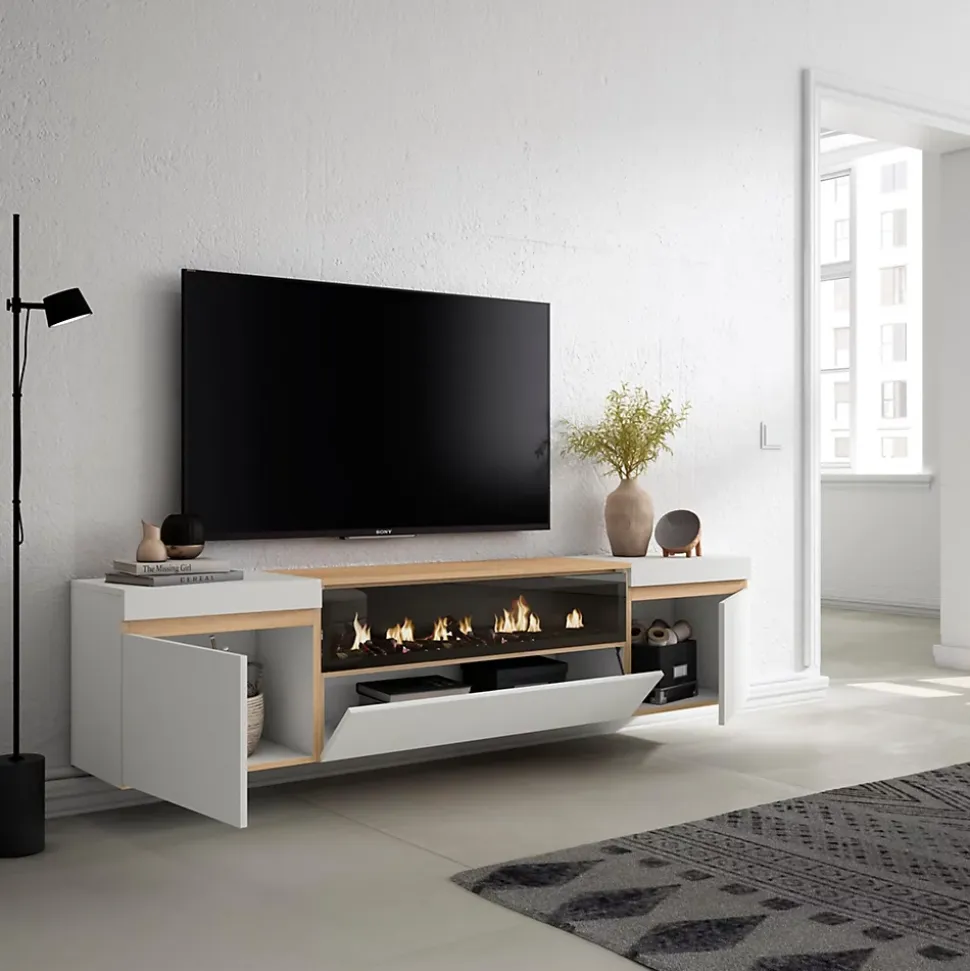 Meuble TV, Banc Télé, 200x35x45cm, Cheminée électrique, Suspendu, Mural, Blanc et Chêne Soft