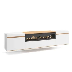 Meuble TV, Banc Télé, 200x35x45cm, Cheminée électrique, Suspendu, Mural, Blanc et Chêne Soft