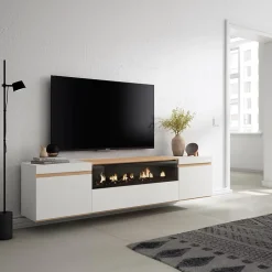 Meuble TV, Banc Télé, 200x35x45cm, Cheminée électrique, Suspendu, Mural, Blanc et Chêne Soft